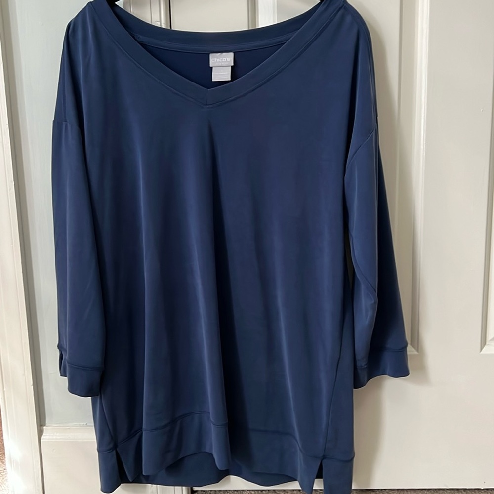 Very soft and light weight! Worn only once! Pretty color blue. Chicos size 1